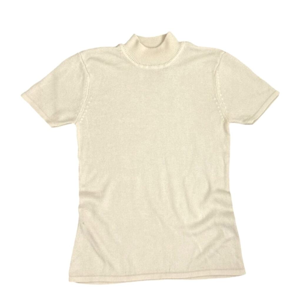 Tahari Mock Turtleneck Short Sleeve Preppy Office Ivory Sweater Size 10